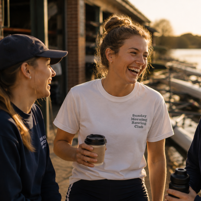 Three women laughing together by a river at sunset, holding coffee cups.